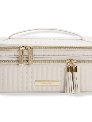 Stylish Beige Quilted Train Case with Mirror | Makeup Storage Bag