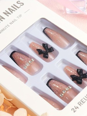 24pcs Press-On Nails Set – Cute Bow & Glitter