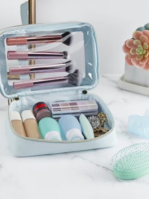 Blue Double-Zipper Makeup Organizer for Travel & Daily Use