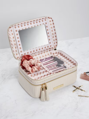 Stylish Beige Quilted Train Case with Mirror | Makeup Storage Bag