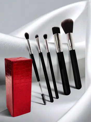 Makeup Brush Gift Set with Red Luxe Box – Face, Eyes & Brows